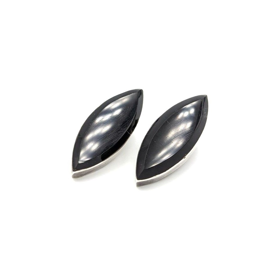 Vintage Sterling Silver 925 Black Onyx Clip-On Minimalist Geometrical Earrings